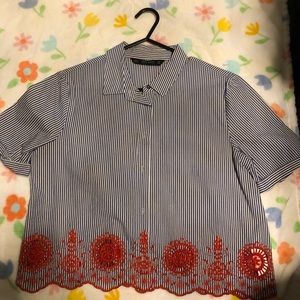 Blue White and Red Striped button down blouse
